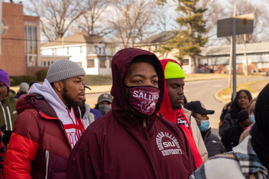 Students gather on the streets of Carbondale to walk in the annual Alpha Phi Alpha Fraternity Inc. MLK Day March Jan. 17, 2022 in Carbondale, Ill.
