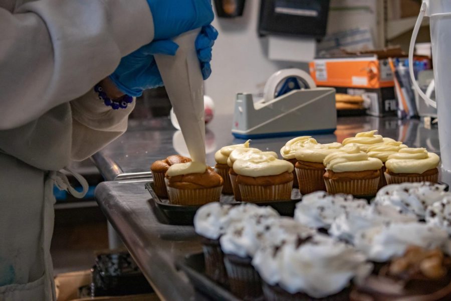 Caitlin Mikula ices cupcakes Jan. 28, 2022 at Larry’s House of Cakes in Carbondale, Ill. “It’s not one of those boring jobs. I like all my coworkers so It’s a really fun job,” Mikula said.

