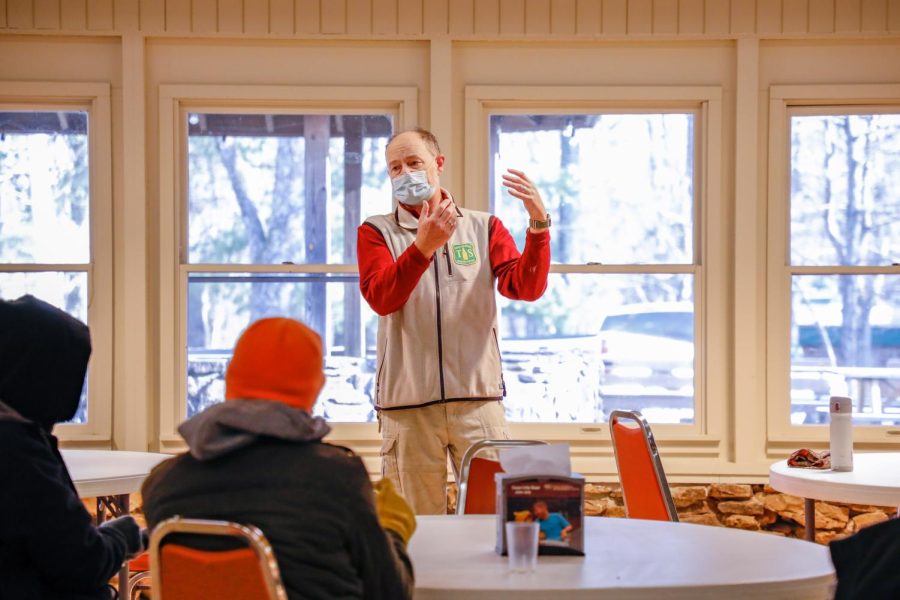 Charles Ruffner opens Saluki Service Day by discussing safety precautions with the student volunteers on Saturday, Jan. 22, 2022 at Touch of Nature in Makanda, Ill.

