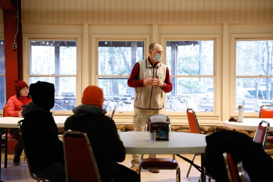 Charles Ruffner opens Saluki Service Day by discussing safety precautions with the student volunteers on Saturday, Jan. 22, 2022 at Touch of Nature in Makanda, Ill.

