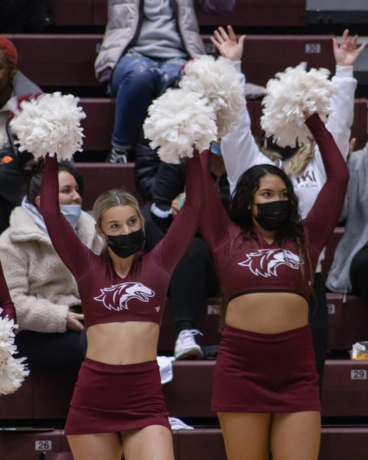 An SIU spirit team cheers during the basketball game against the Illinois State Redbirds Jan. 20, 2022 at the Banterra Center in Carbondale, Ill. 
