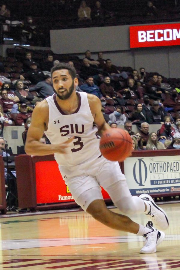 SIU guard, Dalton Banks, goes for a layup during the game against Indiana State Jan. 19, 2022 at the Banterra Center in Carbondale, Ill.
