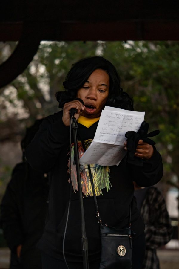 Nancy Maxwell delivers a speech in memory of Amir Locke and against no-knock warrants Feb. 27, 2022 at Turley Park in Carbondale, Ill. 

