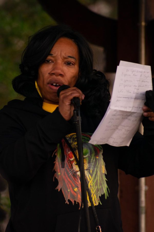 Nancy Maxwell speaks at a protest on the death of Amir Locke in a protest on Feb. 27, 2022 at Lenus Turley Park in Carbondale, Ill.
