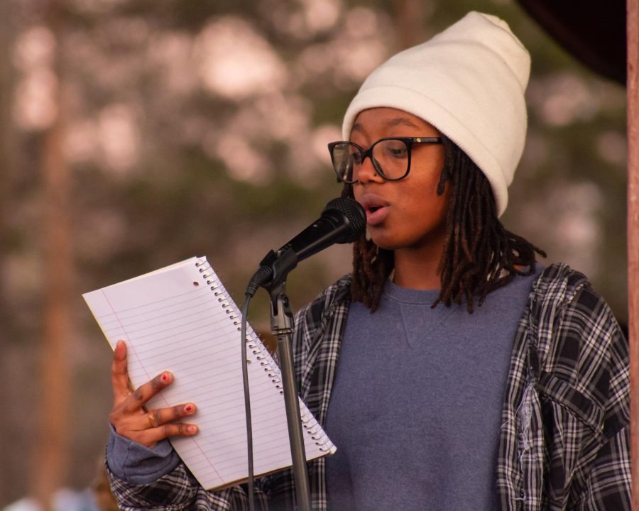 Adah Mays recites her poem “Amir’s Story” at a protest on Feb. 27, 2022 in Lenus Turley Park in Carbondale, Ill. 
