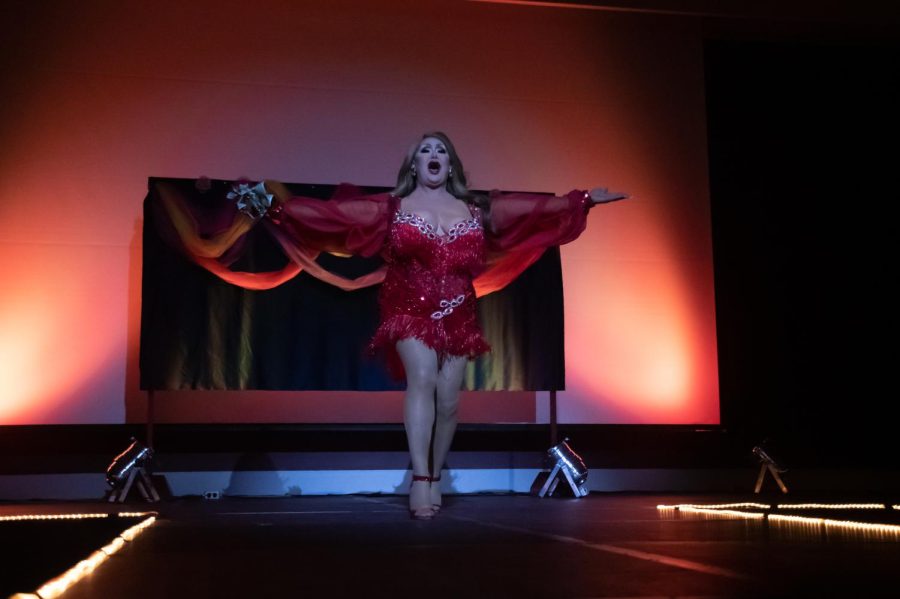 Jodie Santana performs at the Spicy Seventies Disco Drag Show Feb. 19, 2022 at the SIU Student Center in Carbondale, Ill. 