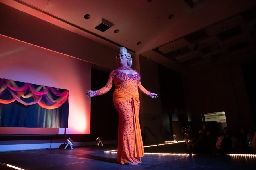 Jodie Santana performs at the Spicy Seventies Disco Drag Show, sponsored by the Saluki Rainbow Network and the Office of Student Engagement, Feb. 19, 2022 at the SIU Student Center in Carbondale, Ill. 