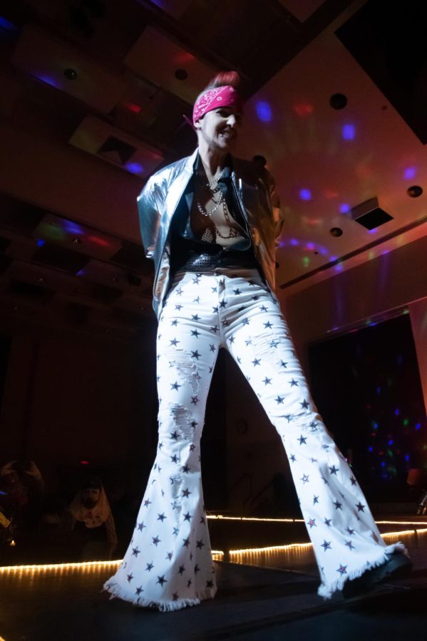 Faim Lee Jewls performs at the Spicy Seventies Disco Drag Show Feb. 19, 2022 at the SIU Student Center in Carbondale, Ill. 