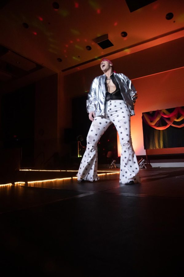 Faim Lee Jewls performs at the Spicy Seventies Disco Drag Show, sponsored by the Saluki Rainbow Network and the Office of Student Engagement, Feb. 19, 2022 at the SIU Student Center in Carbondale, Ill. 