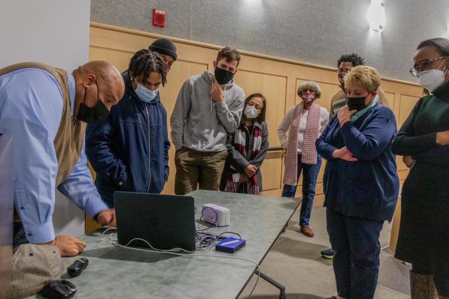 Jason Rawls demonstrates how to use digital beat-making equipment Feb. 8, 2022 at Guyon Auditorium in Carbondale, Ill. “If somebody doesn’t tell you, how would you know? I only touched the subjects. I didn’t really go into it. There’s so much more,” Rawls said about the seminar.
