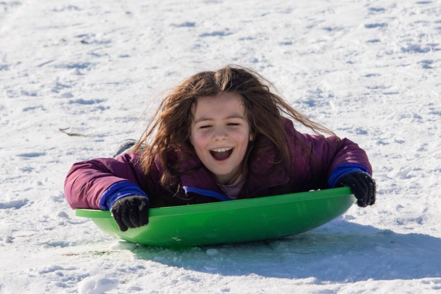 A girl sleds down a hill at the Banterra Center Feb. 4, 2022 in Carbondale, Ill. 