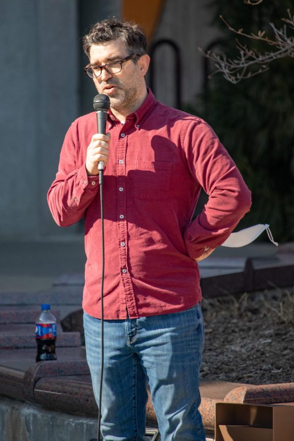 Dr. Benjamin Bricker, a professor at SIU,  speaks about the conflict in Ukraine during the Support Ukraine Rally at Faner Plaza in Carbondale, Ill. 