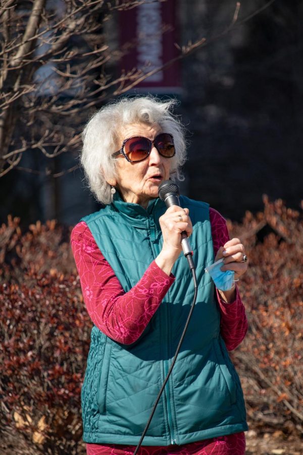 Olga Weidner shares her thoughts on the conflict in Ukraine during the Support Ukraine Rally on March 3, 2022 at Faner Plaza in Carbondale, Ill. 