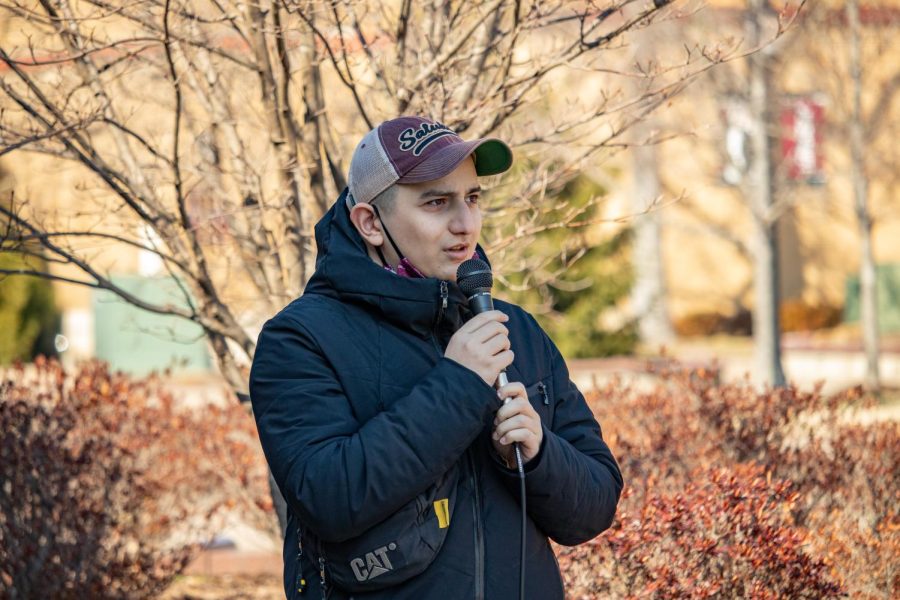 SIU Georgian international student, speaks against the actions of Russian President Vladimir Putin during the Support Ukraine Rally on March 3, 2022 at Faner Plaza in Carbondale, Ill. 