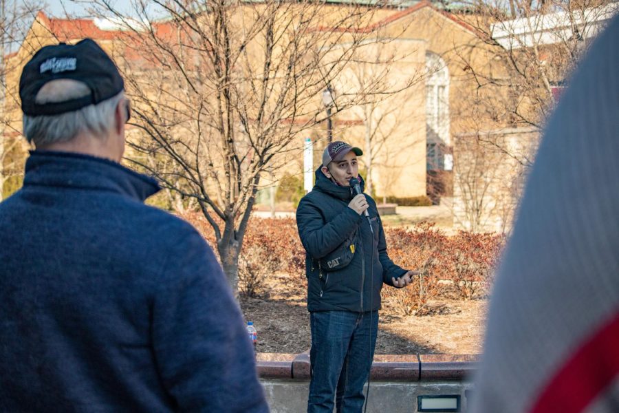 Dachi Zaznoshvili, a SIU Georgian international student, speaks at the Support Ukraine Rally on March 3, 2022 at Faner Plaza in Carbondale, Ill. 