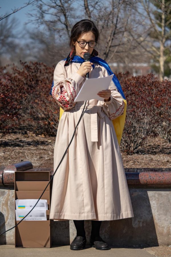 SIU Ukrainian student, Diana Butsko, speaks against the actions of Russian President Vladimir Putin at the Support Ukraine Rally on March 3, 2022 at Faner Plaza in Carbondale, Ill. 