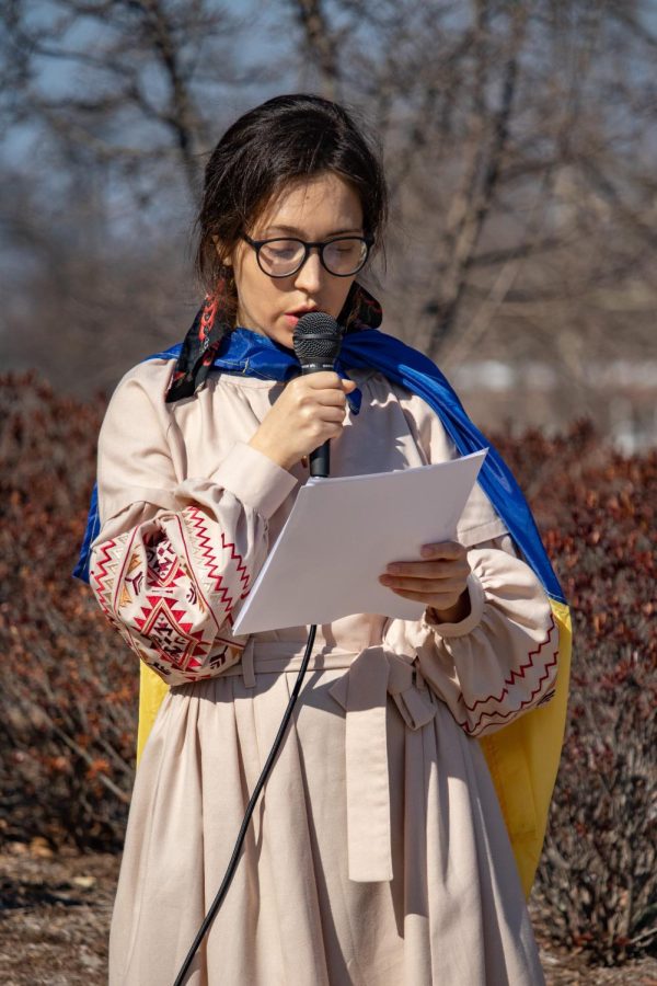 SIU Ukrainian international student, Diana Butsko, delivers a speech during the Support Ukraine Rally on March 3, 2022 at Faner Plaza in Carbondale, Ill. 