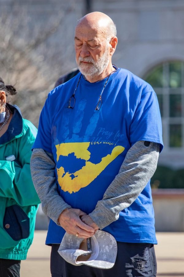 An attendee of the Support Ukraine Rally wears a Pray for Ukraine! shirt March 3, 2022 at Faner Plaza in Carbondale, Ill. 