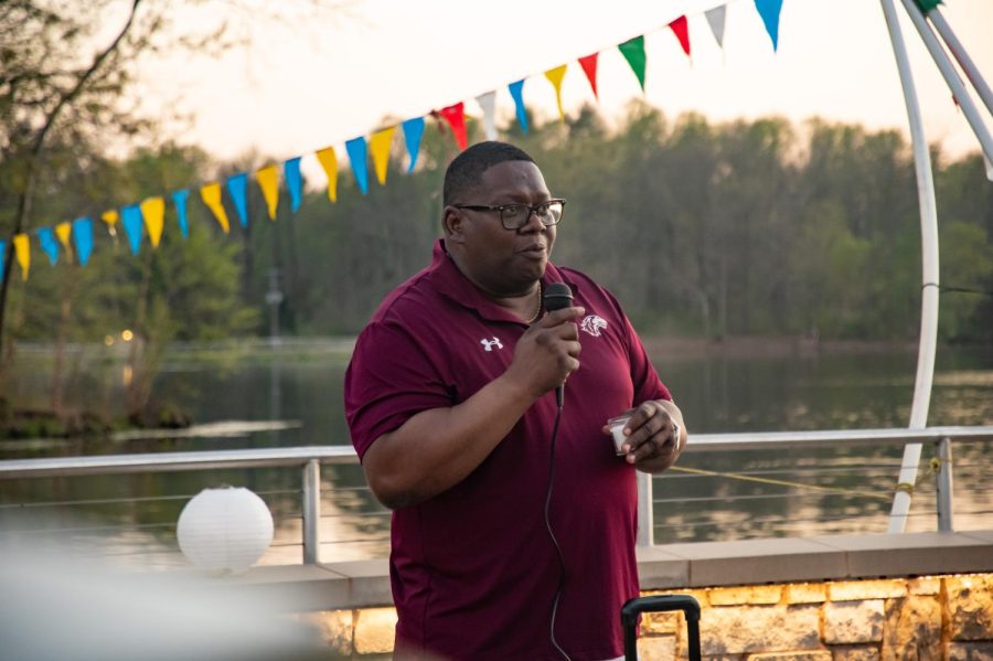 Vice Chancellor for Diversity, Equity and Inclusion Dr. Paul Frazier speaks at the vigil for SIU graduate students Vamshi Krishna Pechetty and Pavan Swarna April 22, 2022 at Becker Pavilion in Carbondale, Ill. 