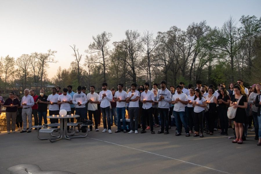 Students and community members gather to mourn the loss of SIU graduate students Vamshi Krishna Pechetty and Pavan Swarna April 22, 2022 at Becker Pavilion in Carbondale, Ill. 