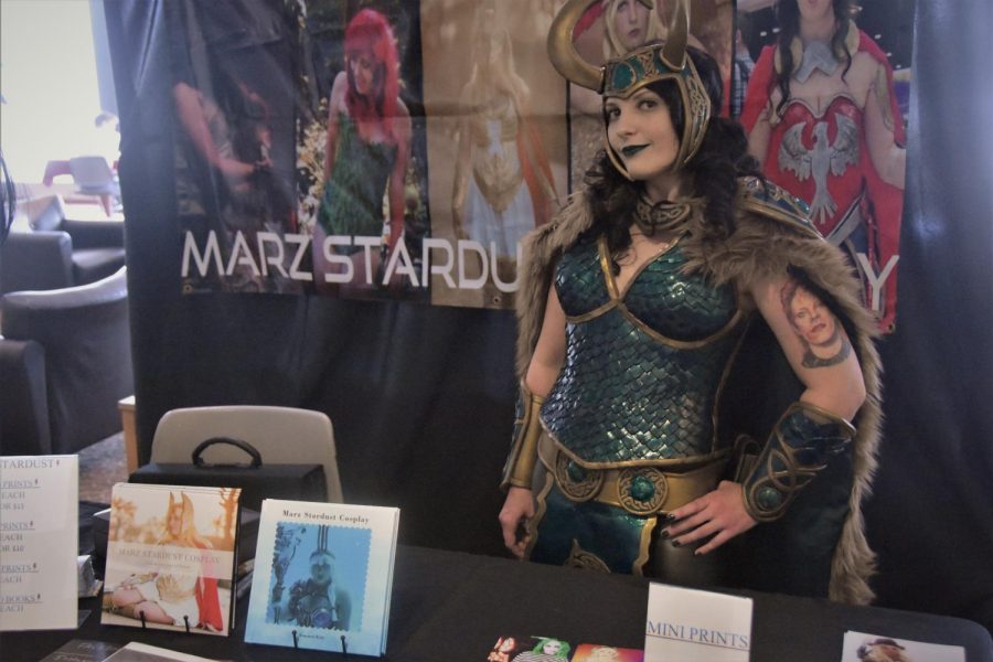 Cosplayers and fans alike attended SalukiCon on April 16, 2022 at the SIU Student Center in Carbondale, Ill. Professional cosplayers like Marz Stardust (pictured above) set up booths in the Student Center ballroom selling fandom memorabilia.

