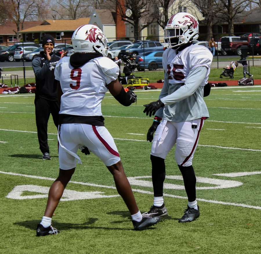 SIU football players practice April 2, 2022 at DuQuoin High School in DuQuoin, Ill.
