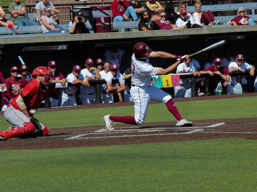 An SIU baseball player swings at a pitch April 3, 2022 at the Itchy Jones Stadium in Carbondale, Ill. 

