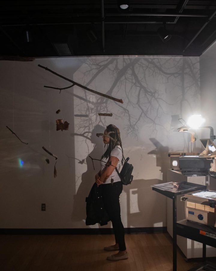A woman looks at Leah Suttons Beyond the Photograph gallery April 22, 2022 at the SIU Communications Building in Carbondale, Ill. The instillation combined both projections of photographs and hanging sculptures to create an immersive photography experience. 