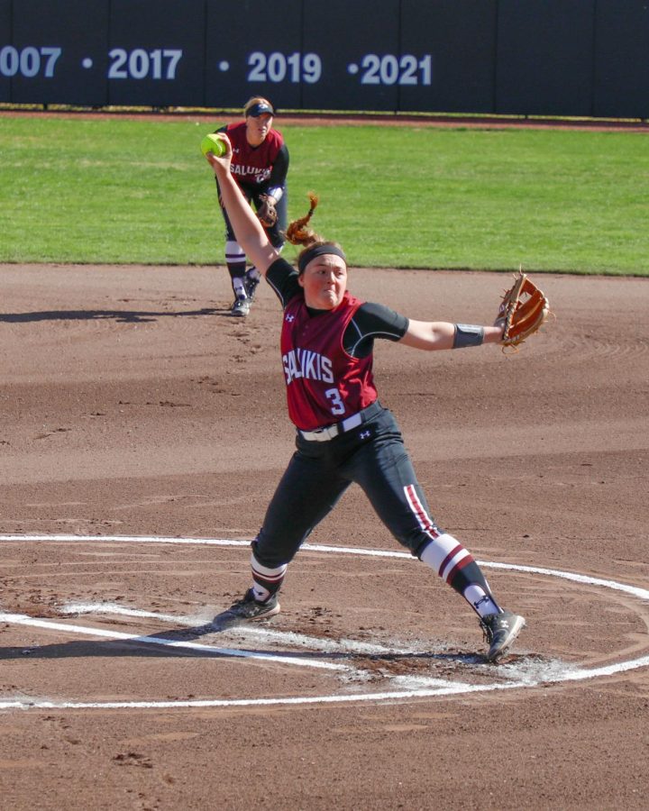SIU sophomore, Madi Eberle, pitches to the Saint Louis Billikens on Wednesday, April 6, 2022 at Charlotte West Stadium in Carbondale, Ill.
