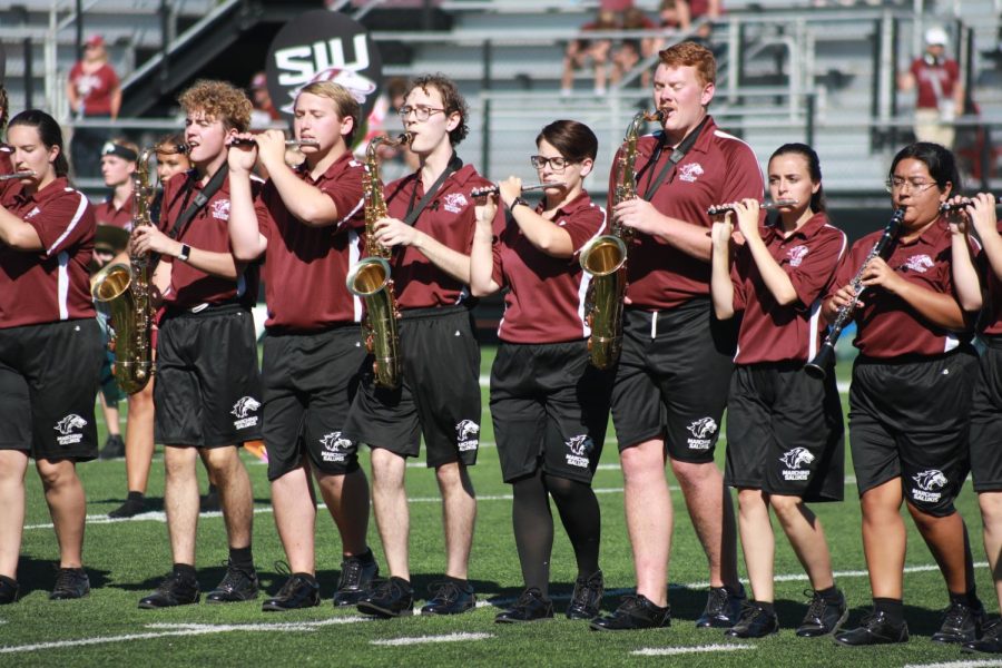 The Marching Salukis perform during halftime of the family weekend home game against North Dakota Sept. 24, 2022 at Saluki Stadium in Carbondale, Ill.