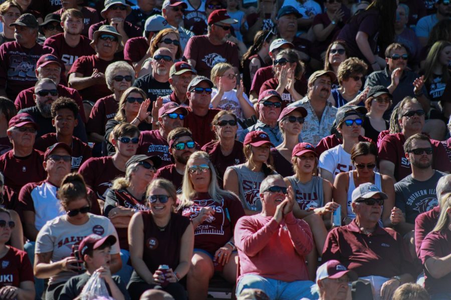 Friends, family, students, and fans pack themselves into the Saluki Stadium in support of the Salukis during the family weekend home game Sept. 24, 2022 at Saluki Stadium in Carbondale, Ill.