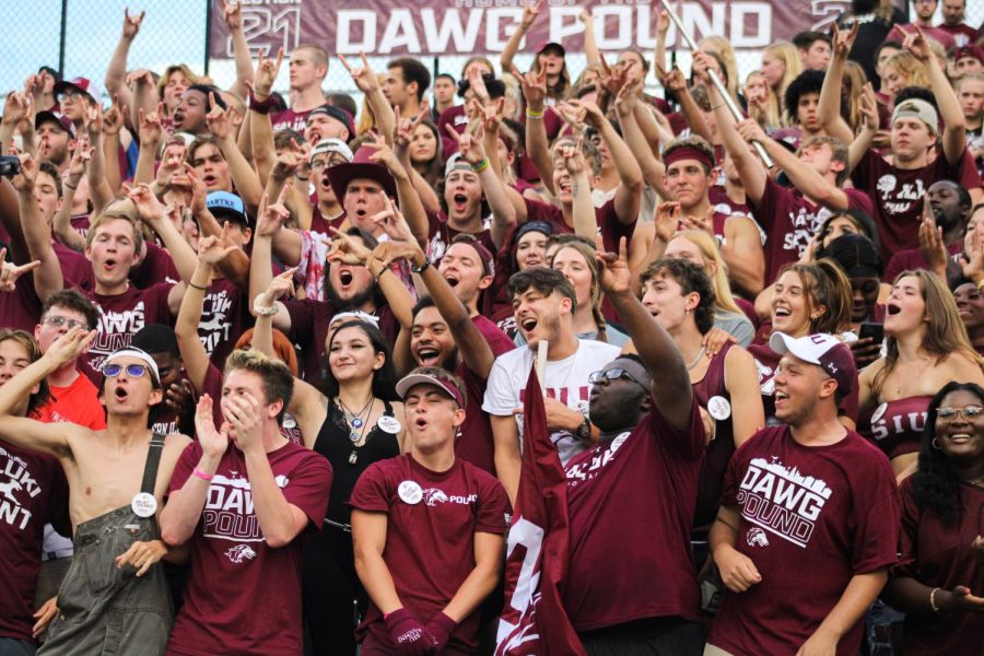 Students pack the Dawg Pound in support of the Salukis for the home opener against Southeast Missouri State University (SEMO) Sept. 10, 2022 at Saluki Stadium in Carbondale, Ill.