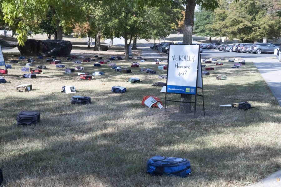 Backpacks lay on Morris Library lawn Oct. 10, 2022 in front of Morris Library at SIU in Carbondale, Ill.