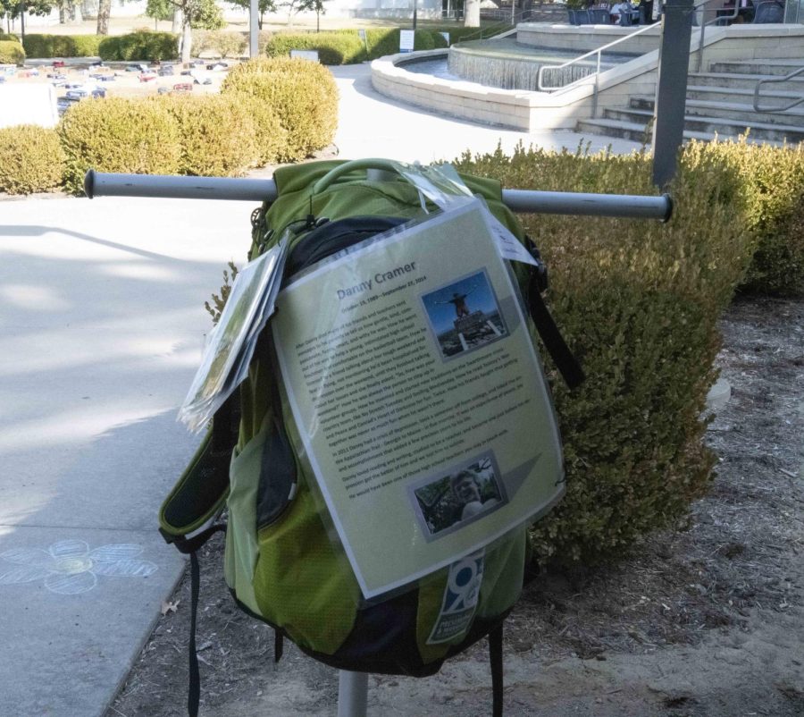 A backpack for Danny Cramer hangs on a stand infront of Morris Library at SIU in Carbondale, Ill.