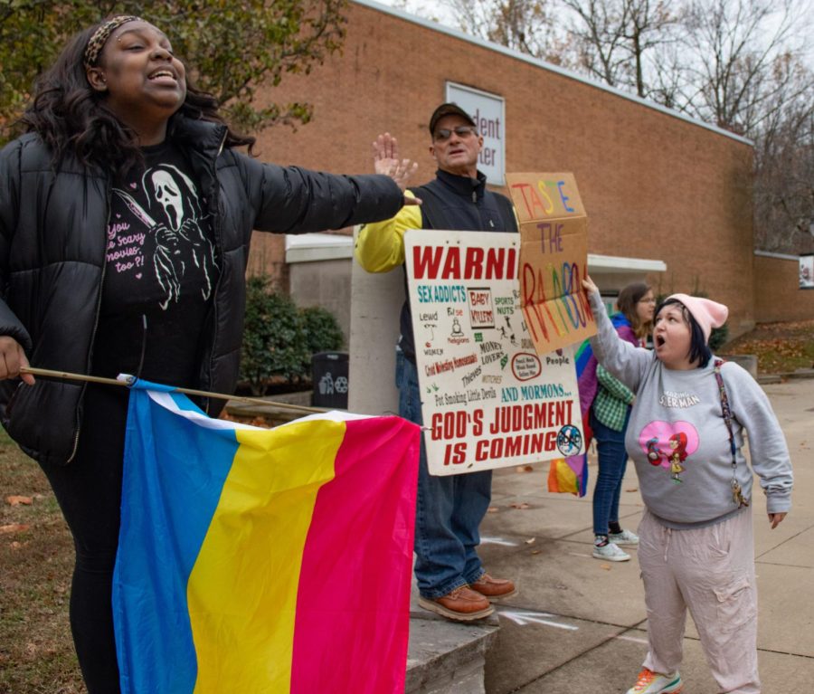 Protesters drown out Brother Matts homophobic slurs and sexist remarks Nov. 28, 2022 at SIU in Carbondale, Ill. 