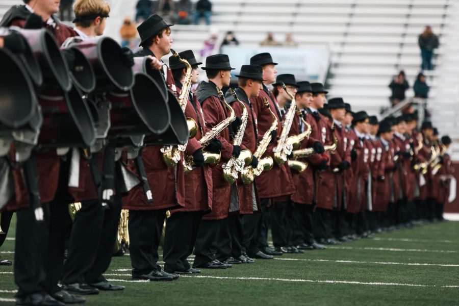 The Marching Salukis line the field to welcome Saluki Football to the stadium to kickoff the game against North Dakota University Nov. 12, 2022 at Saluki Stadium in Carbondale Ill. 