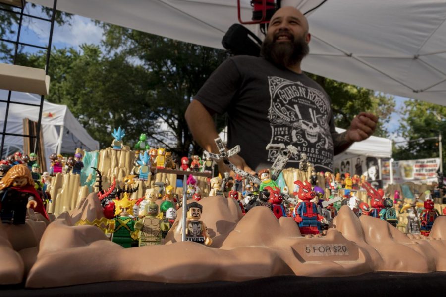 Lego figures stand on display for purchase Aug. 20, 2022 at the Centralia Balloon Festival in Centralia, Ill.
