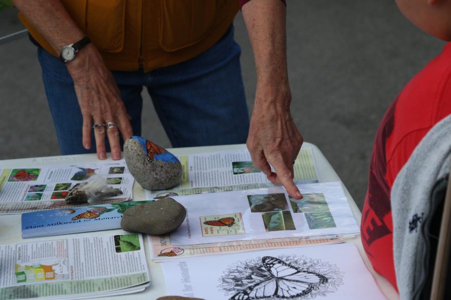 Kathy Belletire, a local educator and member of the non-profit Friends of Crab Orchard Refuge,  teaches visitors about the life cycle of monarch butterflies during the celebration of the 75th anniversary of Crab Orchard Oct. 8, 2022 at Crab Orchard National Wildlife Refuge in Marion, Ill.