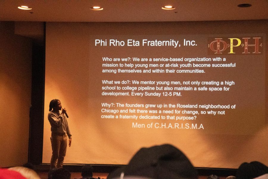 Daeshawn Vinson, member of Phi Rho Eta, presents information on the fraternity Jan. 27, 2023 at The Student Center in Carbondale, Ill.
