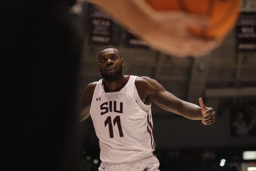 JD Muila (11) looks towards the referee in wait for the ball to go back into play during the home game against Missouri State Feb. 5, 2022 at Banterra Center in Carbondale, Ill.