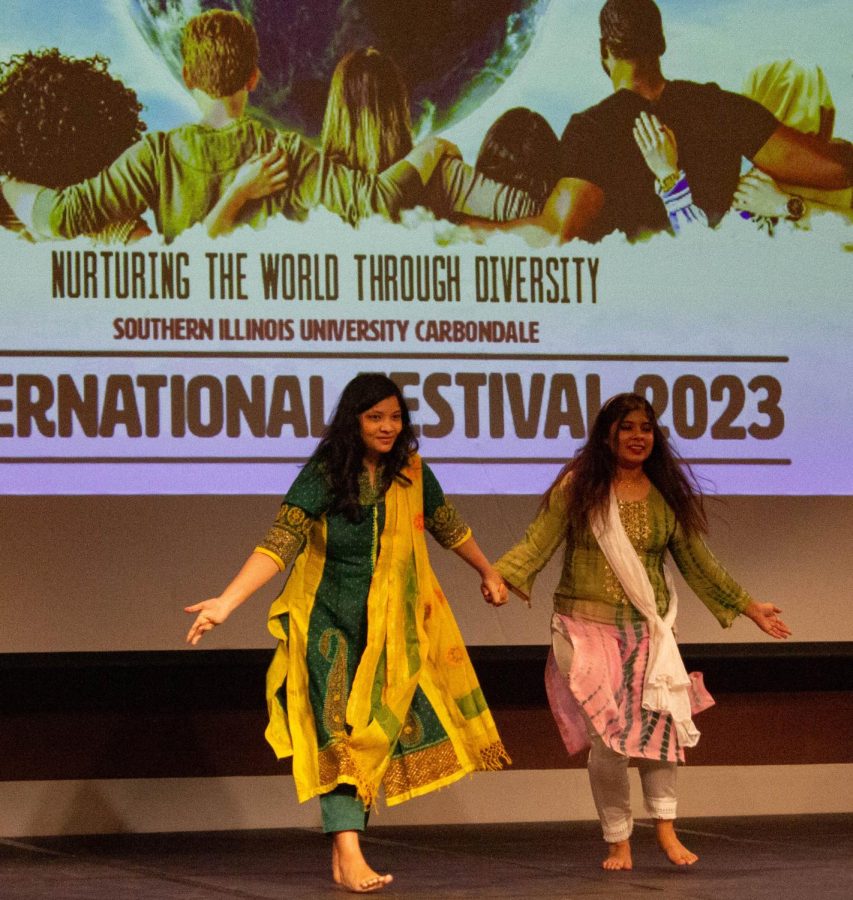 SIU students from Bangladesh perform a cultural dance for the audience at the cultural show 
at the Student Center Ballroom Feb. 10, 2023 at SIU in Carbondale, Ill.