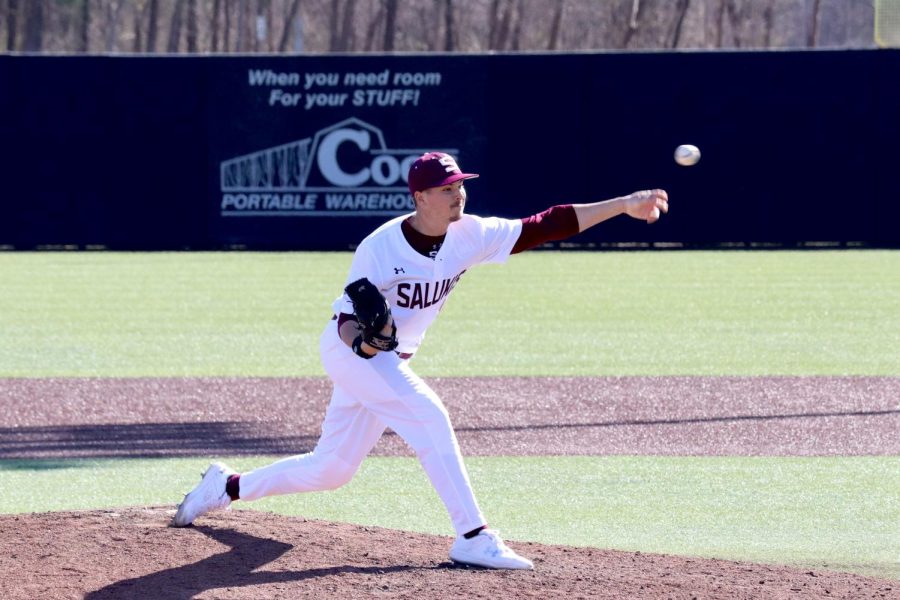 Steven Loden (44) pitches the ball in the Salukis second game of the non-conference play March 04, 2023 at the Itchy Jones Stadium in Carbondale, Ill.