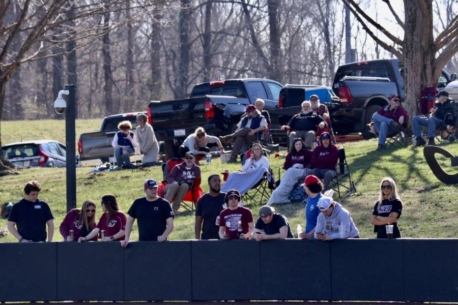Fans pack the hill to watch the Salukis take on the Ohio Bobcats March 04, 2023 at the Itchy Jones Stadium in Carbondale, Ill.
