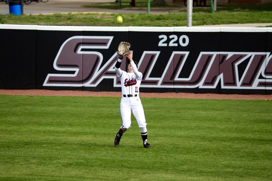 Aubree Depron (11) takes a wonderful catch in the game against SEMO March 28, 2023 at the Charlotte West Stadium in Carbondale, Ill.