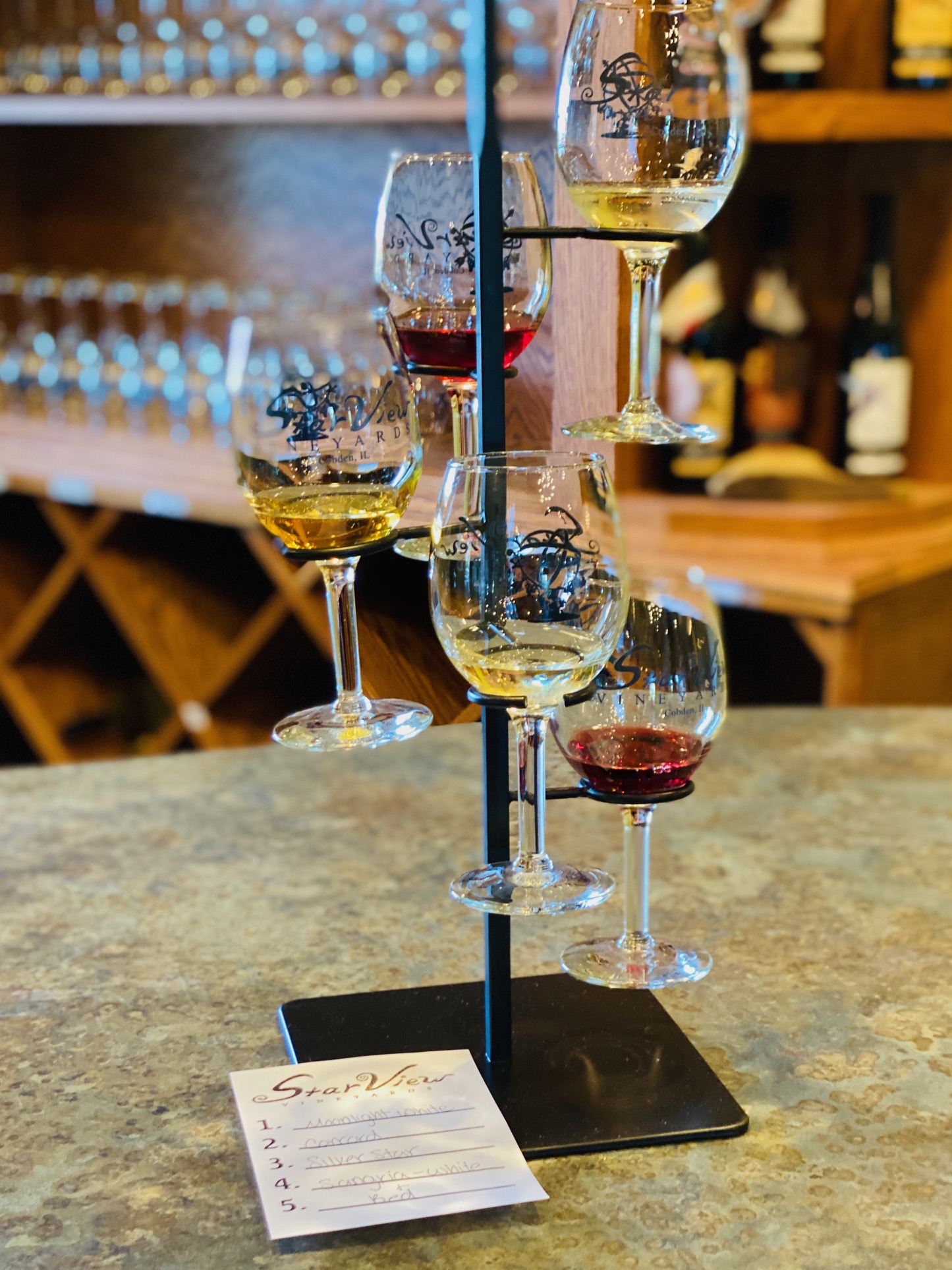 Star View Vineyards, near Cobden, Ill., offers wine tasting flights displayed in a unique wine glass “tree.” 