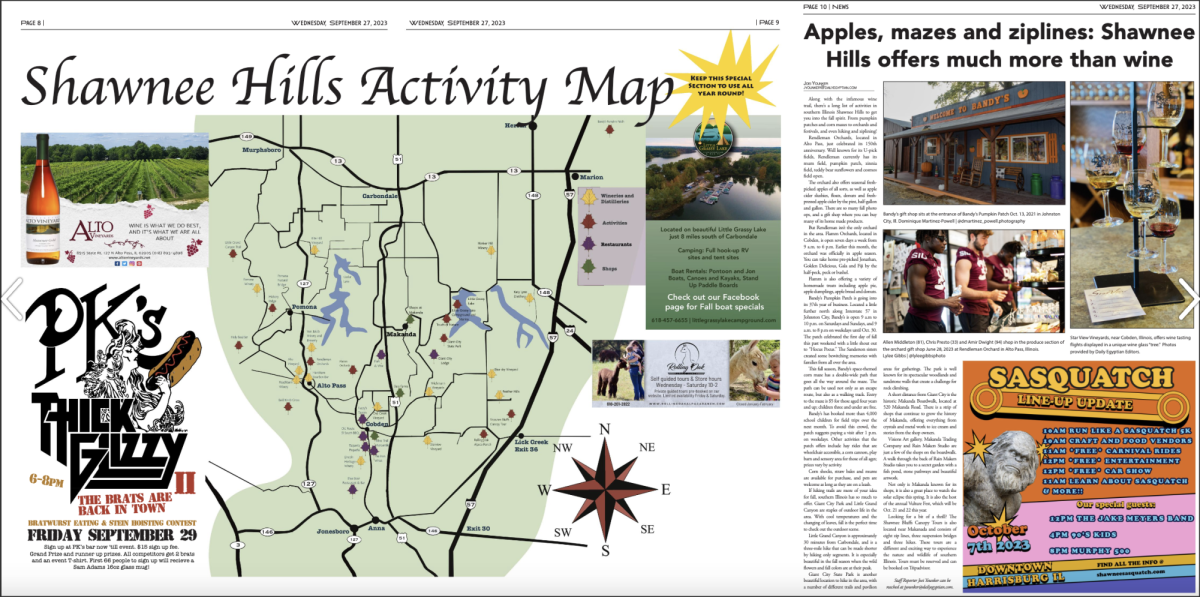 The 2023 Shawnee Hills Activity Map features activities, restaurants, shopping, wineries, breweries and distilleries available in the Shawnee Hills area near the Southern Illinois University-Carbondale campus.