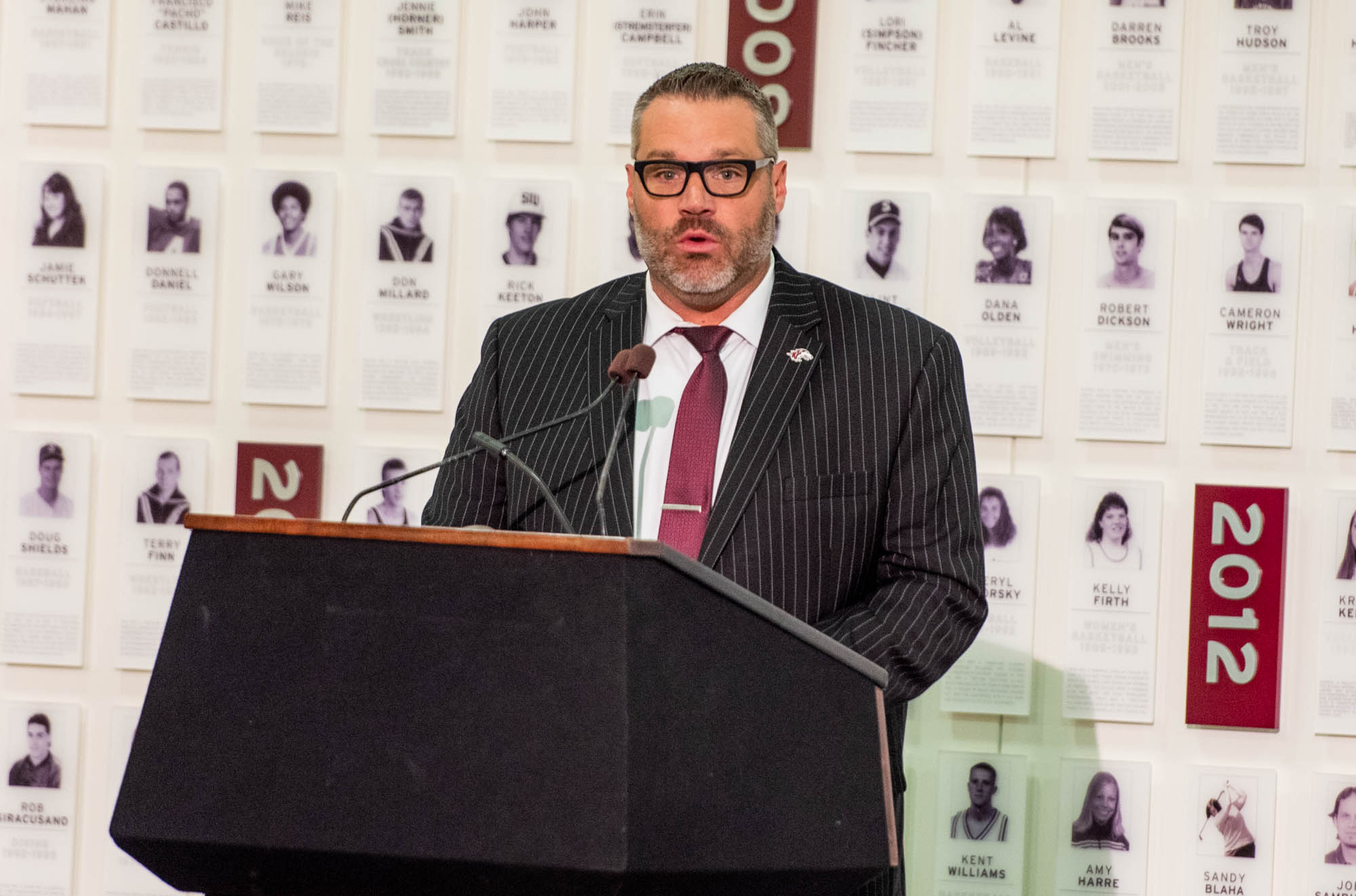 Tim Kratochvil accepts his Saluki Hall of Fame enshrinement on Oct. 18, 2019 in Carbondale, Illinois.