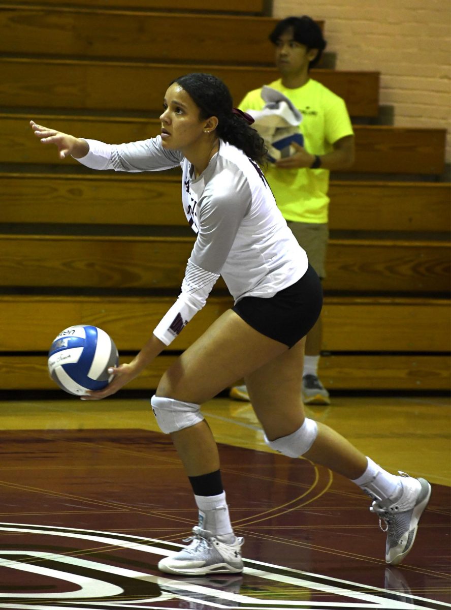 SIU Women’s Volleyball senior Nataly Garcia (17) lightly jogs as she serves the ball during a match against Valparaiso University at Davies Gym in Carbondale, IL on Friday, Oct. 20, 2023.