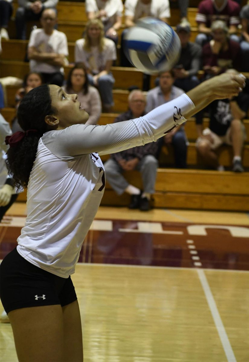 SIU Women’s Volleyball senior Nataly Garcia (17) bunts the ball during a match against Valparaiso University at Davies Gym in Carbondale, IL on Friday, Oct. 20, 2023.