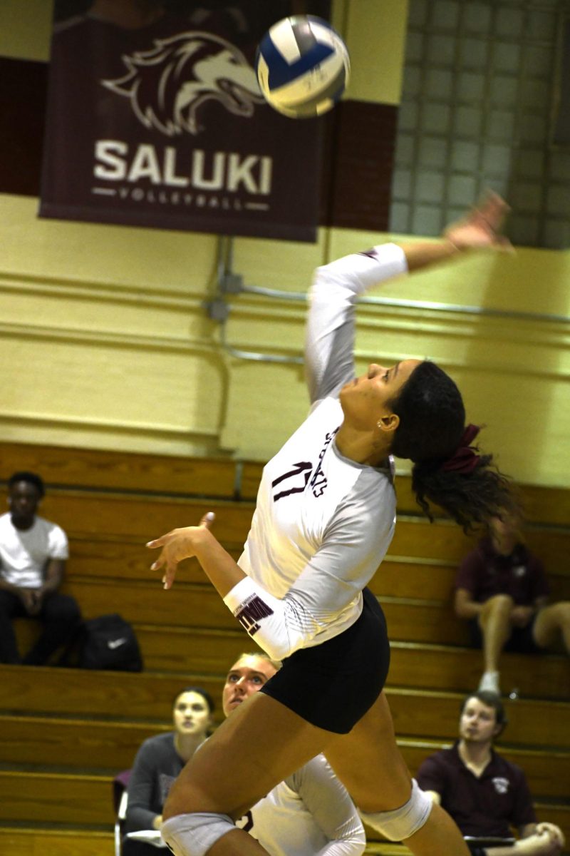 SIU Women’s Volleyball senior Nataly Garcia (17) goes for the kill during the match against Valparaiso University at Davies Gym in Carbondale, IL on Friday, Oct. 20, 2023.